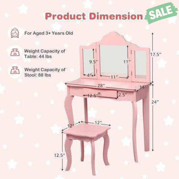 Kids Makeup Dressing Mirror Vanity Table Stool Set White Kids Vanities