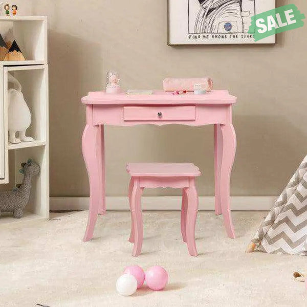 Kids Makeup Dressing Mirror Vanity Table Stool Set White Kids Vanities