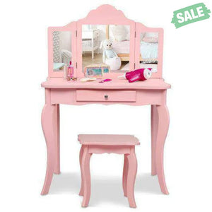 Kids Makeup Dressing Mirror Vanity Table Stool Set White Kids Vanities