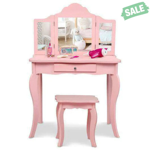Kids Makeup Dressing Mirror Vanity Table Stool Set White Kids Vanities