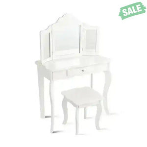 Kids Makeup Dressing Mirror Vanity Table Stool Set White Kids Vanities