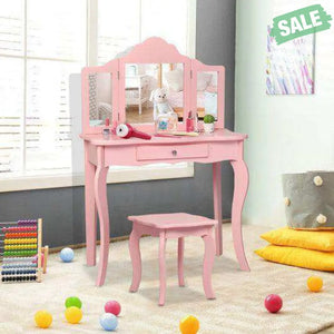 Kids Makeup Dressing Mirror Vanity Table Stool Set White Kids Vanities