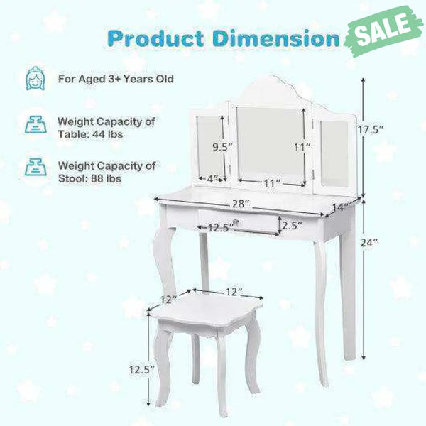 Kids Makeup Dressing Mirror Vanity Table Stool Set White Kids Vanities
