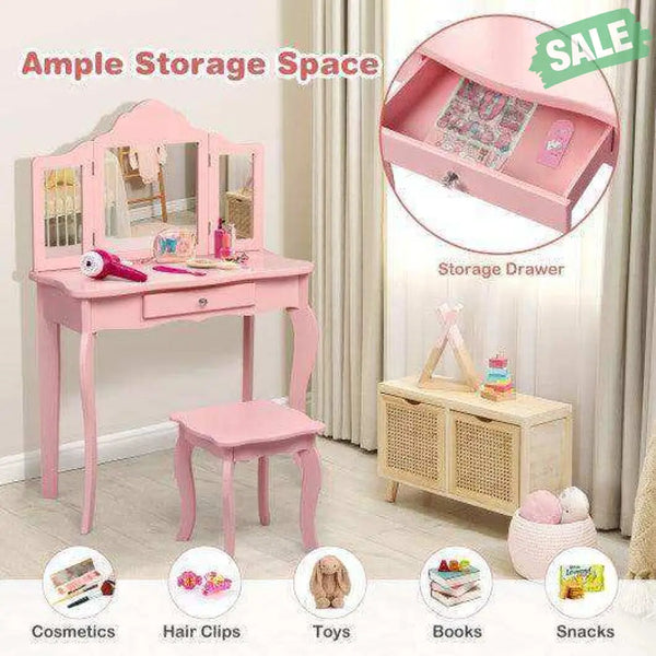 Kids Makeup Dressing Mirror Vanity Table Stool Set White Kids Vanities