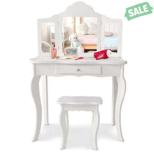 Kids Makeup Dressing Mirror Vanity Table Stool Set White Kids Vanities