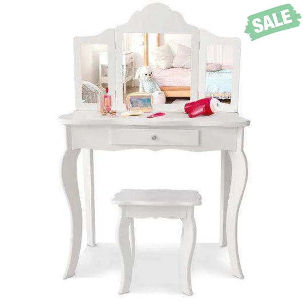 Kids Makeup Dressing Mirror Vanity Table Stool Set White Kids Vanities