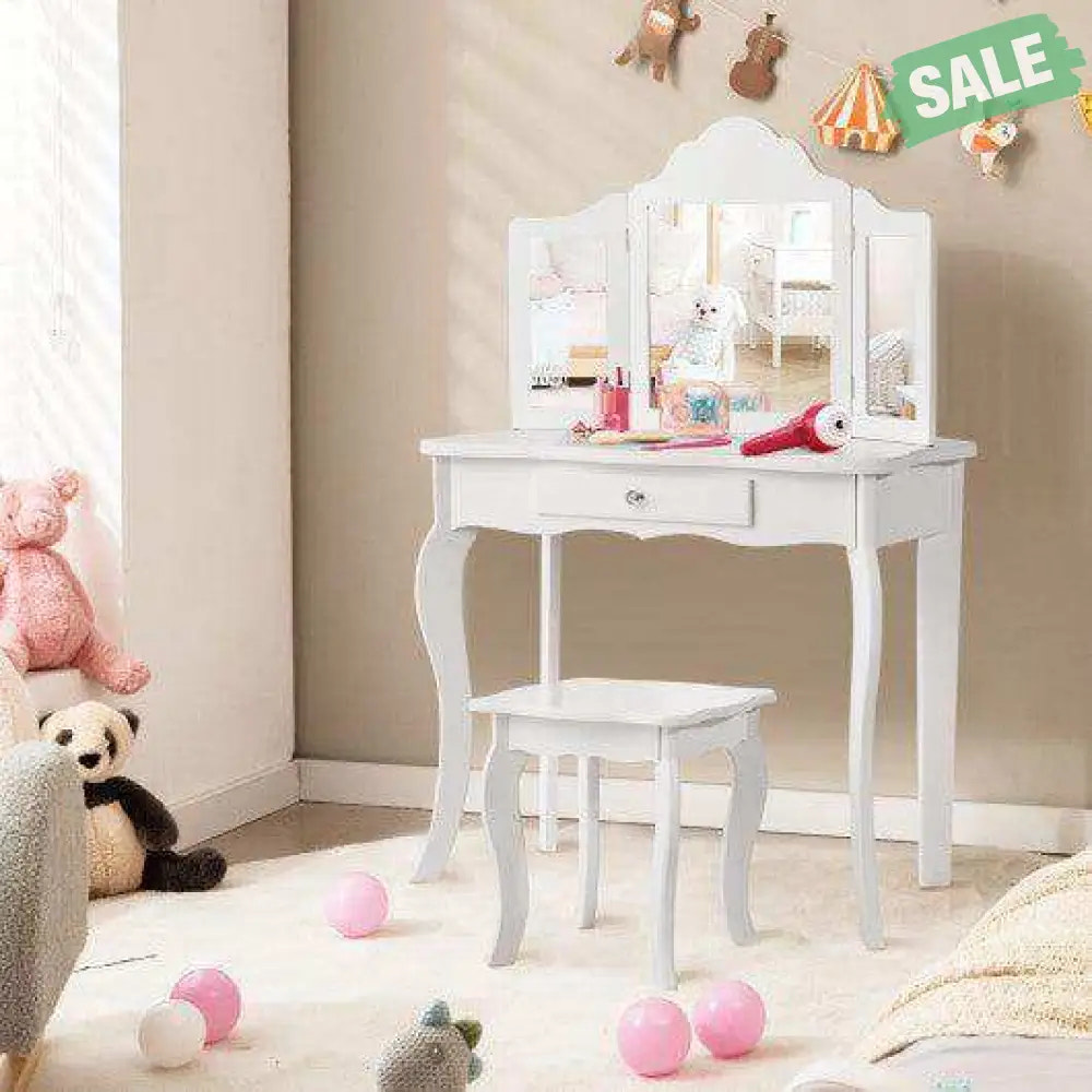 Kids Makeup Dressing Mirror Vanity Table Stool Set White Kids Vanities