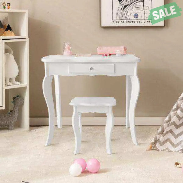 Kids Makeup Dressing Mirror Vanity Table Stool Set White Kids Vanities
