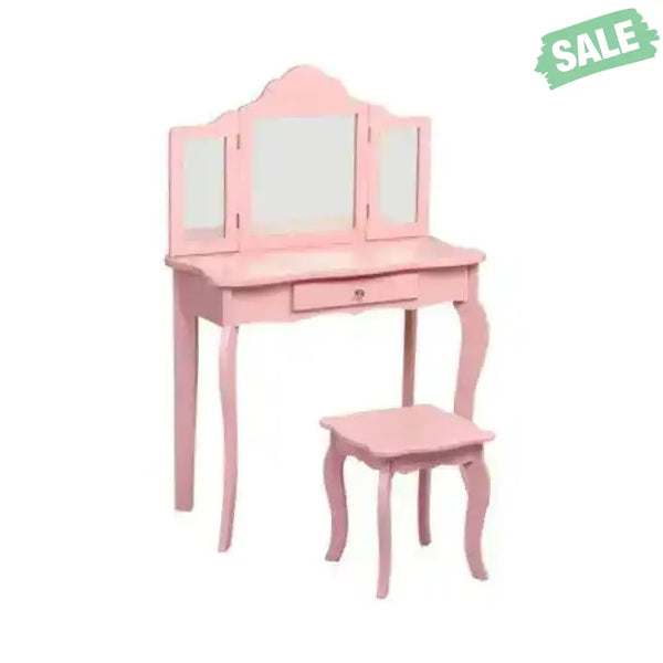 Kids Makeup Dressing Mirror Vanity Table Stool Set White Kids Vanities