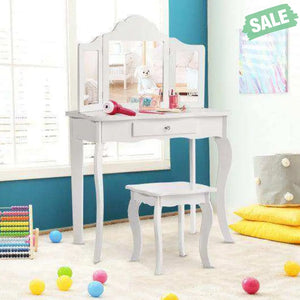 Kids Makeup Dressing Mirror Vanity Table Stool Set White Kids Vanities