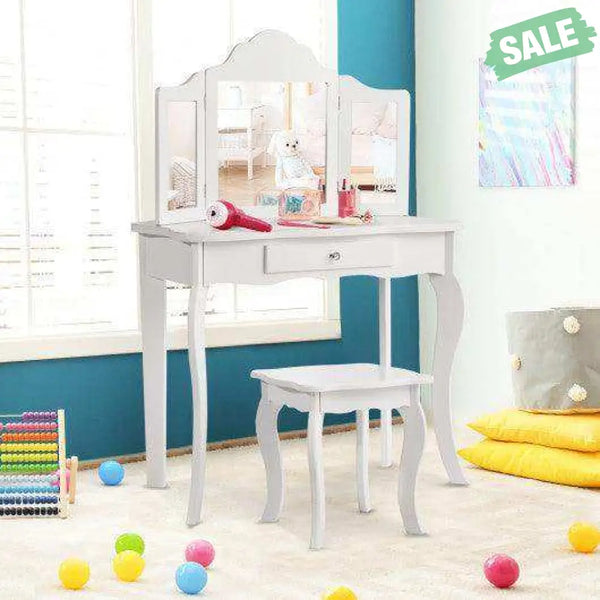Kids Makeup Dressing Mirror Vanity Table Stool Set White Kids Vanities