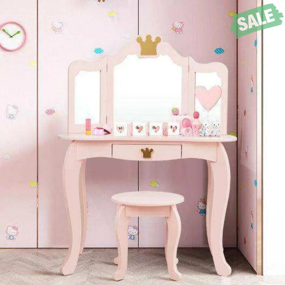 Kids Makeup Dressing Table with Tri-folding Mirror and Stool-Pink Pink Kids Vanities