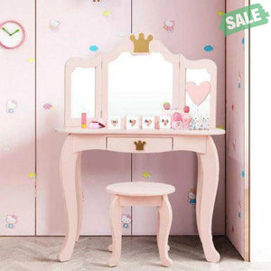 Kids Makeup Dressing Table with Tri-folding Mirror and Stool-Pink Pink Kids Vanities