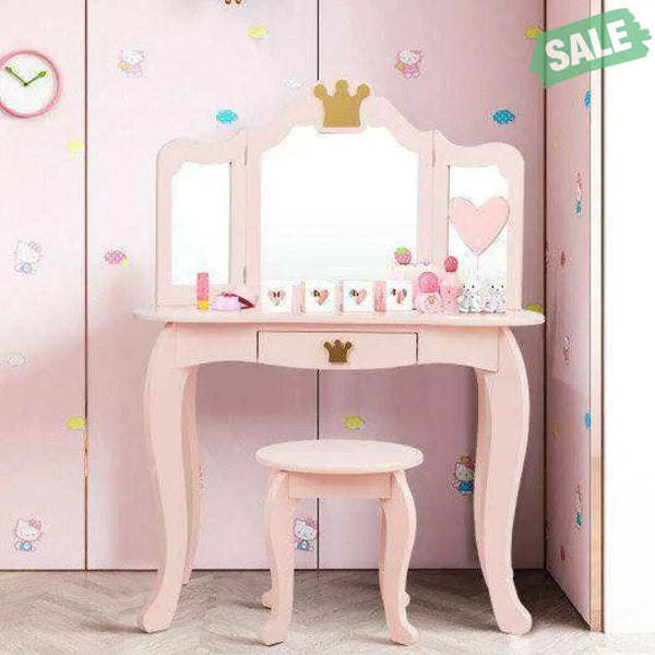 Kids Makeup Dressing Table with Tri-folding Mirror and Stool-Pink Pink Kids Vanities