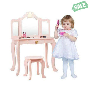 Kids Makeup Dressing Table with Tri-folding Mirror and Stool-Pink Pink Kids Vanities