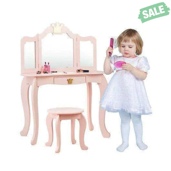 Kids Makeup Dressing Table with Tri-folding Mirror and Stool-Pink Pink Kids Vanities