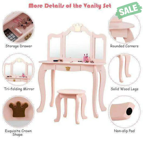 Kids Makeup Dressing Table with Tri-folding Mirror and Stool-Pink Pink Kids Vanities