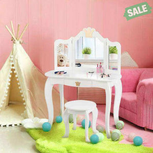 Kids Makeup Dressing Table with Tri-folding Mirror and Stool-Pink Pink Kids Vanities