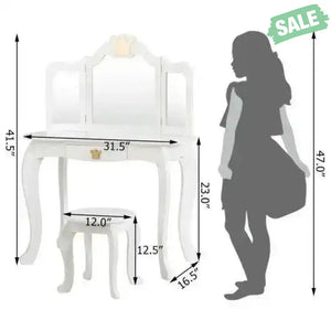 Kids Makeup Dressing Table with Tri-folding Mirror and Stool-Pink Pink Kids Vanities