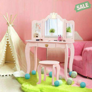 Kids Makeup Dressing Table with Tri-folding Mirror and Stool-Pink Pink Kids Vanities