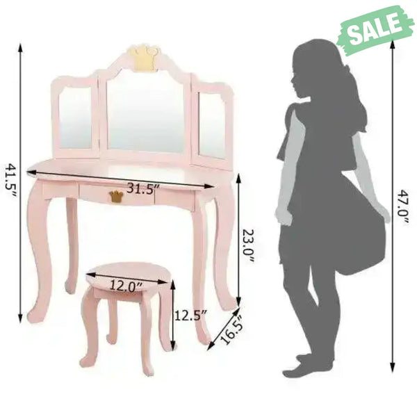 Kids Makeup Dressing Table with Tri-folding Mirror and Stool-Pink Pink Kids Vanities