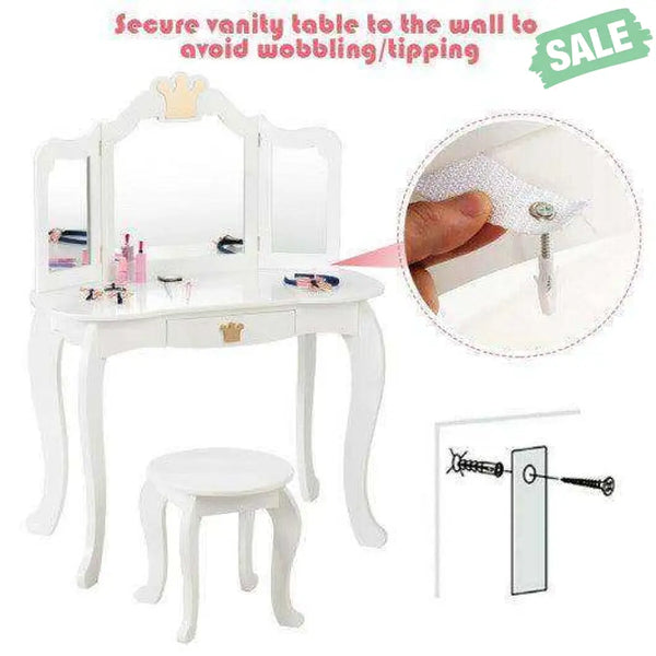 Kids Makeup Dressing Table with Tri-folding Mirror and Stool-Pink Pink Kids Vanities