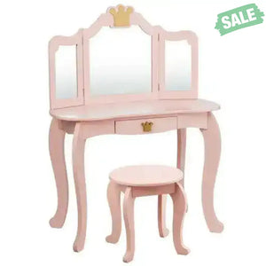 Kids Makeup Dressing Table with Tri-folding Mirror and Stool-Pink Pink Kids Vanities