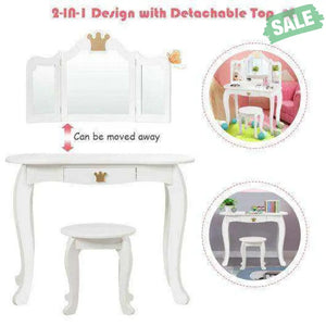 Kids Makeup Dressing Table with Tri-folding Mirror and Stool-Pink Pink Kids Vanities