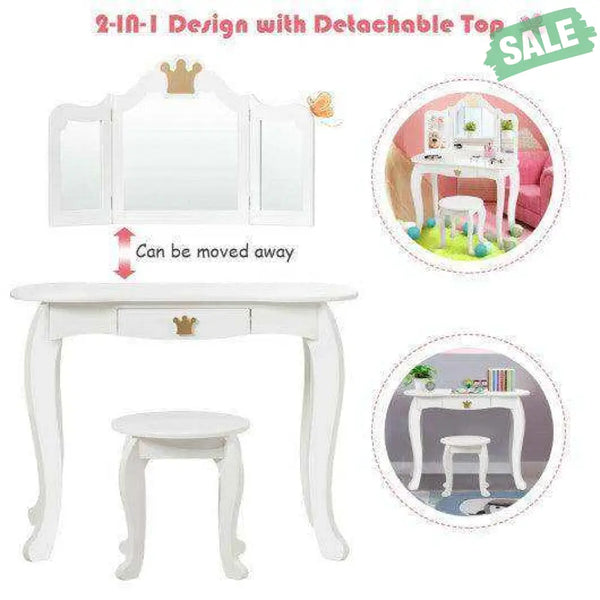 Kids Makeup Dressing Table with Tri-folding Mirror and Stool-Pink Pink Kids Vanities