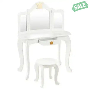 Kids Makeup Dressing Table with Tri-folding Mirror and Stool-Pink Pink Kids Vanities