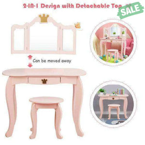 Kids Makeup Dressing Table with Tri-folding Mirror and Stool-Pink Pink Kids Vanities