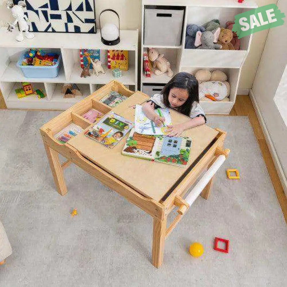 Kids Multi Activity Play Table Wooden Building Block Desk with Storage Paper Roll-Natural White Kids Table & Chair Sets