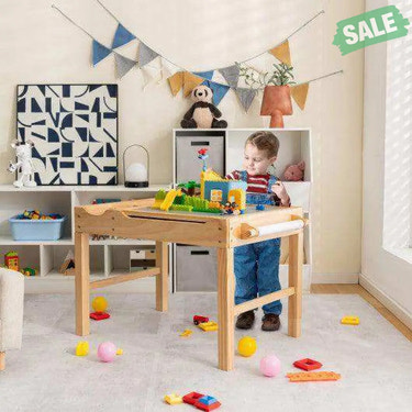 Kids Multi Activity Play Table Wooden Building Block Desk with Storage Paper Roll-Natural White Kids Table & Chair Sets