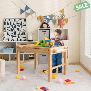 Kids Multi Activity Play Table Wooden Building Block Desk with Storage Paper Roll-Natural White Kids Table & Chair Sets