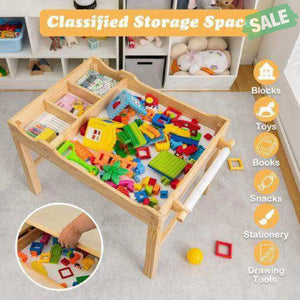 Kids Multi Activity Play Table Wooden Building Block Desk with Storage Paper Roll-Natural White Kids Table & Chair Sets