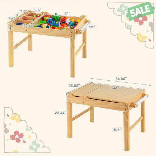 Kids Multi Activity Play Table Wooden Building Block Desk with Storage Paper Roll-Natural White Kids Table & Chair Sets