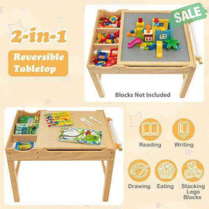 Kids Multi Activity Play Table Wooden Building Block Desk with Storage Paper Roll-Natural White Kids Table & Chair Sets