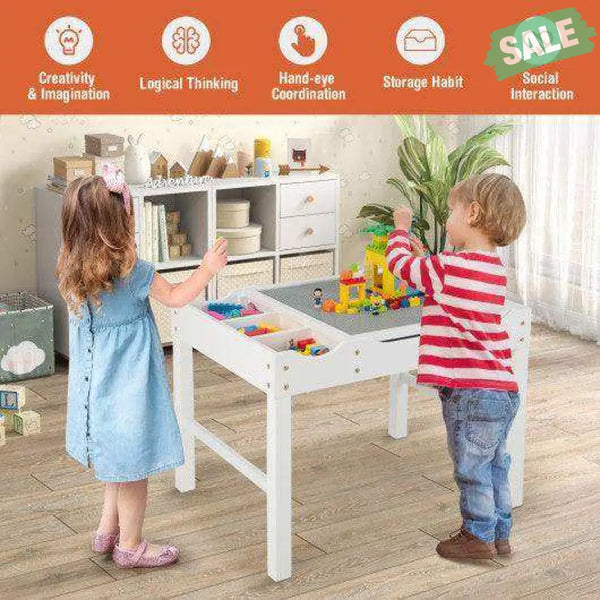 Kids Multi Activity Play Table Wooden Building Block Desk with Storage Paper Roll-Natural White Kids Table & Chair Sets