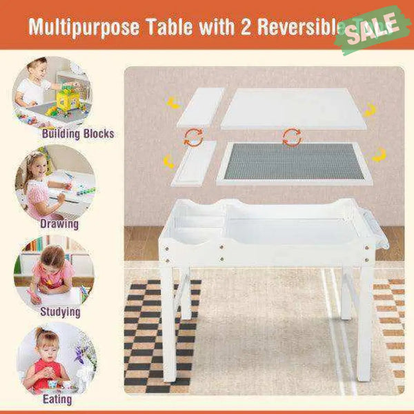 Kids Multi Activity Play Table Wooden Building Block Desk with Storage Paper Roll-Natural White Kids Table & Chair Sets