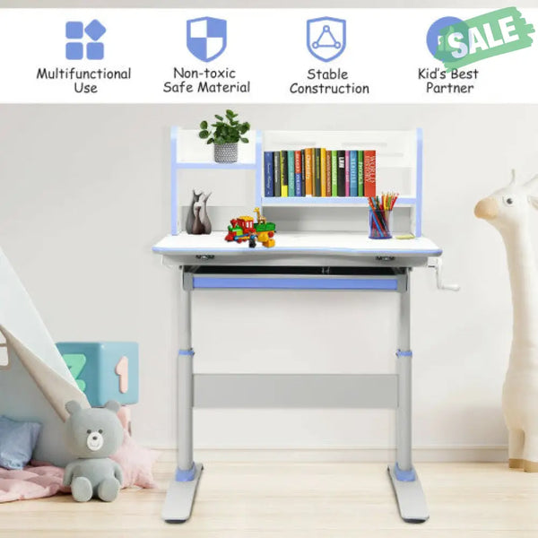 Kids Multifunctional Writing Desk with Tilt Desktop and Book Shelf-Pink Blue Kids Table & Chair Sets