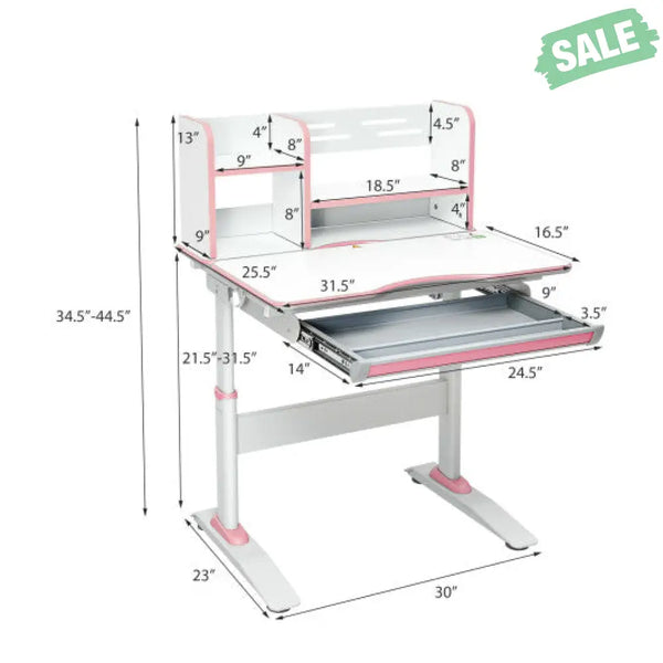 Kids Multifunctional Writing Desk with Tilt Desktop and Book Shelf-Pink Kids Table & Chair Sets