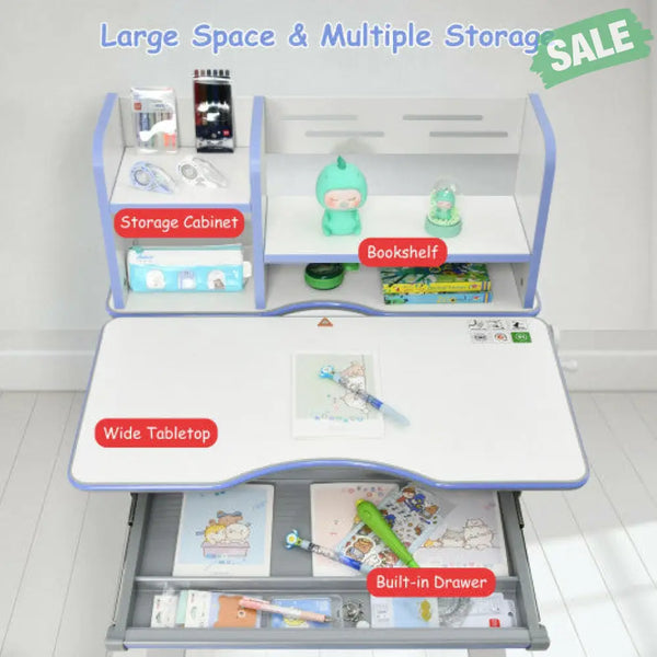 Kids Multifunctional Writing Desk with Tilt Desktop and Book Shelf-Pink Kids Table & Chair Sets