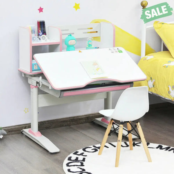 Kids Multifunctional Writing Desk with Tilt Desktop and Book Shelf-Pink Pink Kids Table & Chair Sets