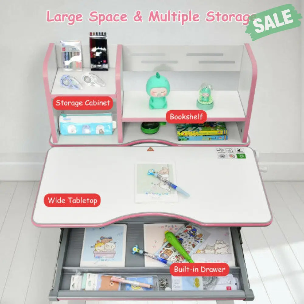 Kids Multifunctional Writing Desk with Tilt Desktop and Book Shelf-Pink Kids Table & Chair Sets