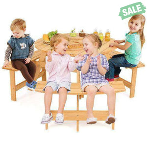 Kids Outdoor Wooden Picnic Table and Bench Set with Umbrella Hole-Natural
