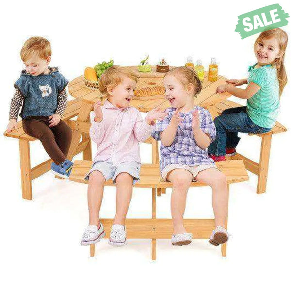 Kids Outdoor Wooden Picnic Table and Bench Set with Umbrella Hole-Natural