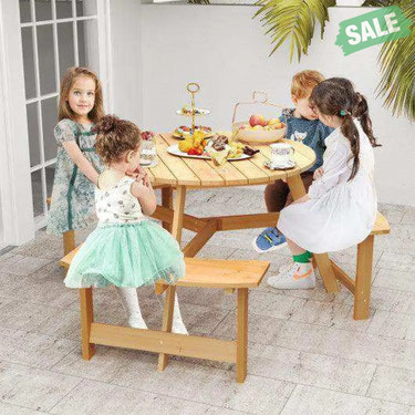Kids Outdoor Wooden Picnic Table and Bench Set with Umbrella Hole-Natural