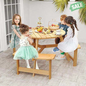 Kids Outdoor Wooden Picnic Table and Bench Set with Umbrella Hole-Natural