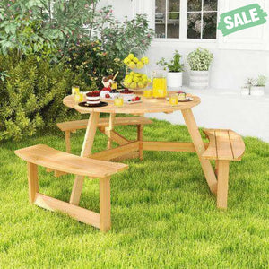 Kids Outdoor Wooden Picnic Table and Bench Set with Umbrella Hole-Natural