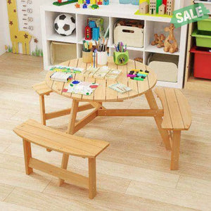 Kids Outdoor Wooden Picnic Table and Bench Set with Umbrella Hole-Natural